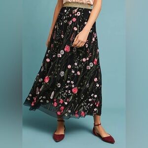 Anthropologie Floral Embroidered Black Skirt Size S